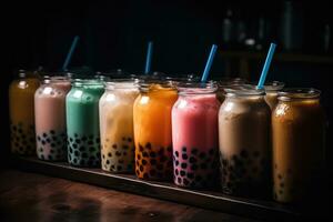 Bubble Tea Delight A Variety of Flavors Ready to Sip in a Cinematic Shot photo