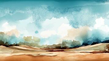 Serene Watercolor Landscape with Neutral Brown and Blue Tones and Blank Space for Text photo