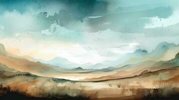 Serene Watercolor Landscape with Neutral Brown and Blue Tones and Blank Space for Text photo