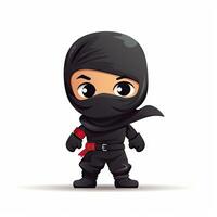 adorable bebé ninja en minimalista negro ropa con contento cara foto