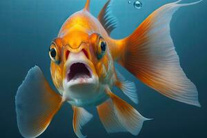 Blue Water Background with Photorealistic Goldfish with Open Mouth photo