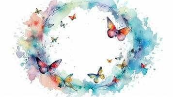 Delicate Watercolor Illustration of Oval Frame with Butterflies and Paint Splashes for Design Projects photo