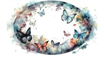 delicado acuarela ilustración de oval marco con mariposas y pintar salpicaduras para diseño proyectos foto