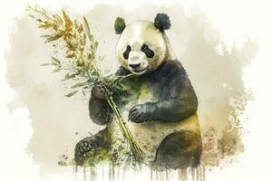 Watercolor Panda Eating Bamboo in Natural Colors photo