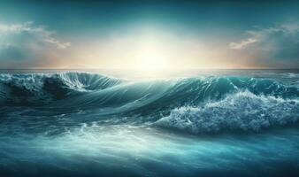 Ethereal Dawn Panorama of Sea Waves as Dreamy Background photo