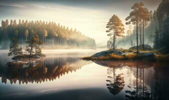 Ethereal Panoramic View of a Beautiful Forest Lake in Russia photo