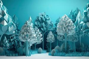 Paper Forest on Blue Background A Whimsical 3D Render of a Paper Forest Tree photo