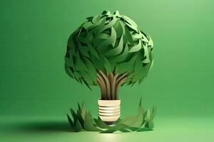 EcoFriendly Paper Art Tree Growing Inside a Light Bulb on Green Studio Background photo