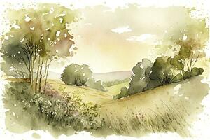 Tranquil Watercolor Countryside Meadow with Earthy Tones photo