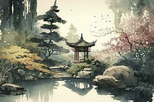 Tranquil Japanese Watercolor Garden with Soothing Tones photo