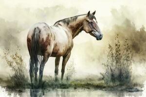 Tranquil Horse Grazing in a Watercolor Pasture photo