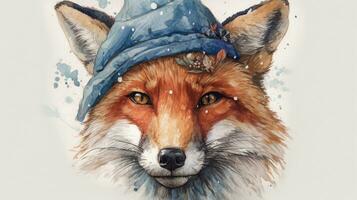 astuto invierno lápiz y acuarela dibujo de un zorro en un invierno sombrero foto