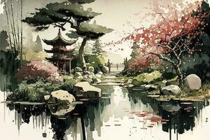 Tranquil Japanese Watercolor Garden with Soothing Tones photo