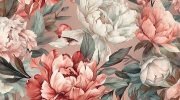 Watercolor Peonies Seamless Pattern for Background Design photo
