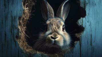 Curious Easter Bunny Peeking Out of Blue Wall Hole photo