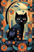 Vibrant Periwinkle Cat Illustration in the Style of Charley Harper and Jim Shore photo