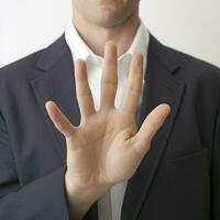 Secret Gesture Person Demonstrating Fingers Crossed Behind Back on White Background photo