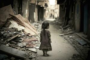 Young girl walking on a dirty street in a torn dress photo