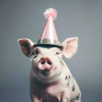 adorable cerdo celebrando cumpleaños o aniversario en fiesta sombrero y Gafas de sol foto