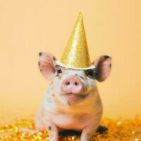 Adorable Pig Celebrating Birthday or Anniversary in Party Hat and Sunglasses photo