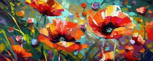 Realistic Poppies Painting on Canvas with Bright Background photo