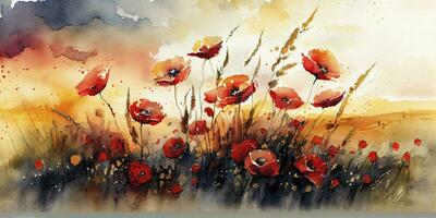 Dramatic Watercolor Painting of a Field of Poppies in Full Bloom photo