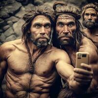 hombres de las cavernas tomando selfies en prehistórico veces foto