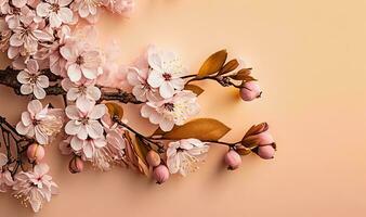 Cherry Blossom Branches on Light Pink Background for Spring Designs Generative AI photo