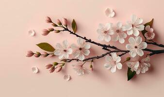 Cherry Blossom Branches on Light Pink Background for Spring Designs Generative AI photo