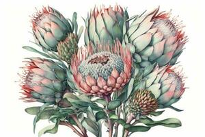 Watercolor Protea Blossoms on White Background photo