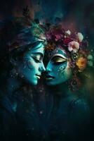 cósmico amor retrato de radha y Krishna en un místico moderno ornamento foto