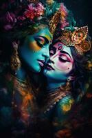 cósmico amor retrato de radha y Krishna en un místico moderno ornamento foto