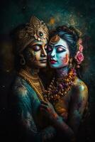 cósmico amor retrato de radha y Krishna en un místico moderno ornamento foto