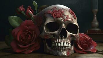 Blooming Danger Red Rose and Skull Illustration photo