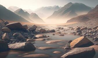 Ethereal River Flowing Through Stones Near Mountains as Dreamy Background photo