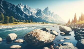 etéreo río fluido mediante piedras cerca montañas como soñador antecedentes foto