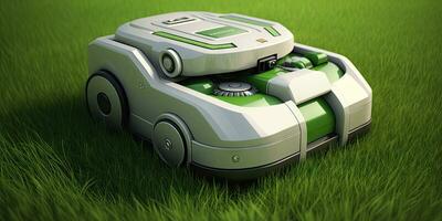 Effortlessly Maintain Your Lawn with a Robotic Lawnmower on Fresh Green Grass photo