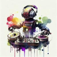 Watercolor Robot DJ with Turntables and Headphones photo