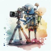 Watercolor illustration of a robot photographer with camera and tripod photo