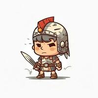 minimalista romano guerrero bebé personaje con un contento cara y espada foto