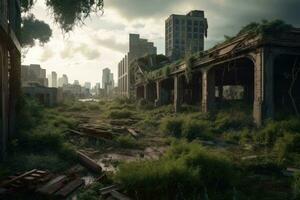 The Last Remains of a City Skyline Overgrown by Plants PostApocalyptic Landscape Generative AI photo