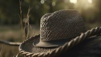 Rustic Outdoor Backdrop with CloseUp Cowboy Hat and Rope photo