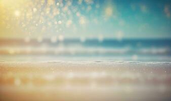 Calm Beach Seascape with Blurred Bokeh Lights and Soft Sand Foreground photo