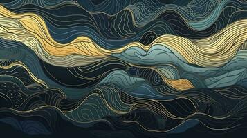 Blue and Gold Volumetric Waves Texture Imitating Watercolor photo
