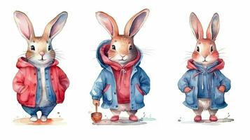 Adorable Watercolor Peter Rabbits in Red and Blue Jackets photo