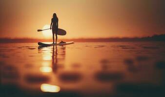 Silhouette of a Female Surfer Paddling on Calm Waters at Sunset photo