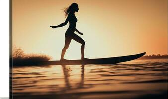 silueta de un hembra tablista remar en calma aguas a puesta de sol foto