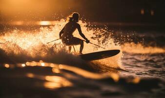 Silhouette of a Female Surfer Paddling on Calm Waters at Sunset photo