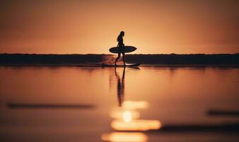 Silhouette of a Female Surfer Paddling on Calm Waters at Sunset photo