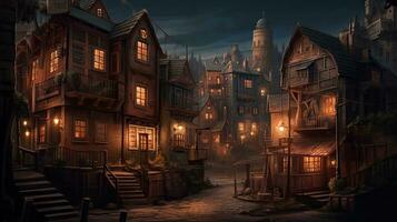 Enchanting Nighttime Backdrop of a Fairy Tale Town for Video Game or Digital Art photo